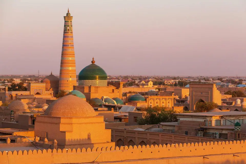 Rooftops and minarets of Ichan-Kala, Khiva, in evening light